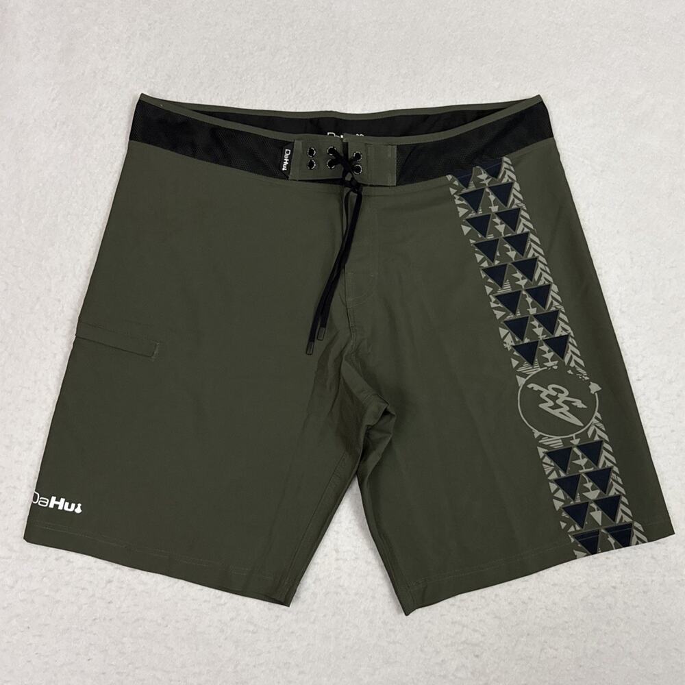 Da Hui Board Shorts Men’s Size 38 Olive Green Tribal Surf Swim